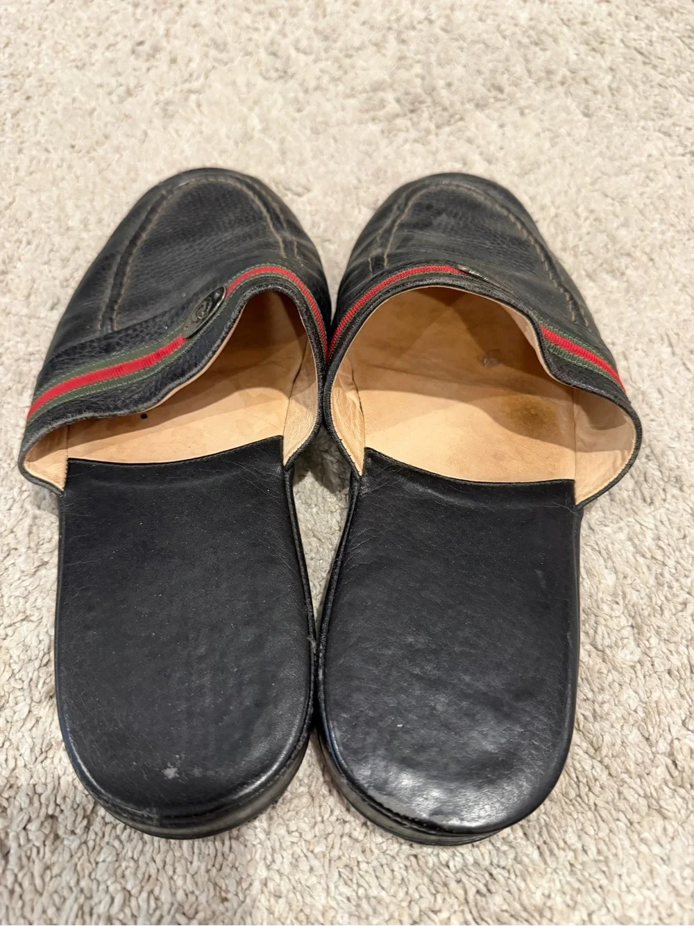 Vintage Gucci Black Pebble Leather Slippers/Mules with Green and Red Stripe